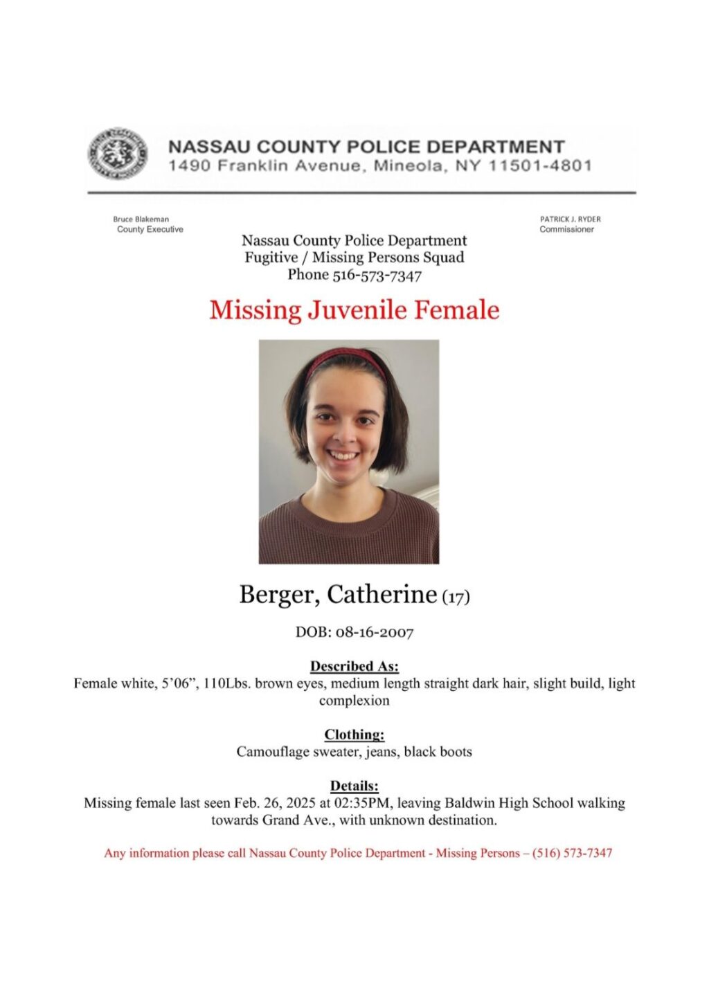 Catherine Berger, 17, Missing UPDATE: JUVENILLE Disappearance, Feb. 26